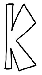 Hand drawn K alphabet letter outline for colouring book, tattoo, font, typography, text, message, campaign badge, initials, name design, print, calligraphy, sticker, poster, cute patch, brooch, art