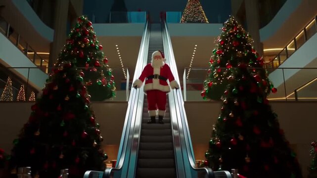 Cinematic shot of Santa ascending an escalator surrounded by rotating Christmas trees. Ideal for grand openings, holiday spectacles, and visual impact.