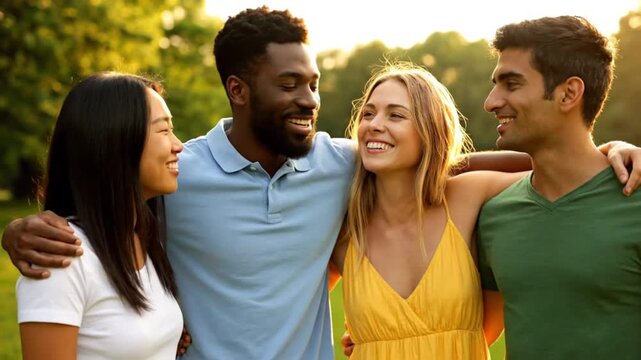 Group of diverse happy friends embracing outdoors in sunny park, smiling, laughing