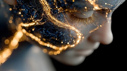 Glowing blue and gold neural pathways flow inside a transparent glass head, visualizing advanced brain computer interface research in a clinical future setting.