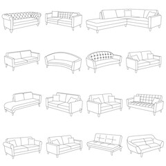 A clean, black and white line art illustration featuring 16 different styles of sofas and couches. The diverse collection includes classic, modern, and sectional designs, presented as outlines suitabl