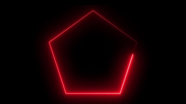 Red neon pentagon glowing and blinking on black background moving geometric shape
