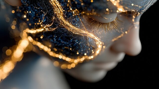 Glowing blue and gold neural pathways flow inside a transparent glass head, visualizing advanced brain computer interface research in a clinical future setting. - Powered by Adobe