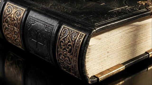 A close-up of an ancient Holy Bible with an ornate leather cover. A slow zoom reveals a religious book with a golden cross. The concept of faith and scripture