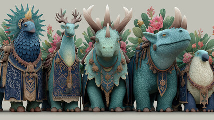 Five Lavish Cartoon Fantasy Creatures in a Row, with Ornate Costumes and Pink Flowers Background