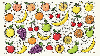 Collection of Fresh Fruits and Berries Hand Drawn Style.