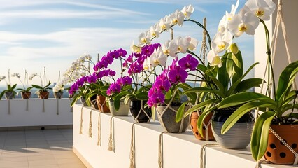 Bunga anggrek ungu diteras rumah putih 