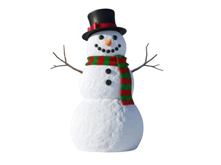 A festive snowman with a top hat, scarf, and twig arms standing on a transparent background