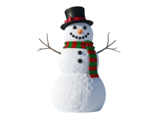 A festive snowman with a top hat, scarf, and twig arms standing on a transparent background
