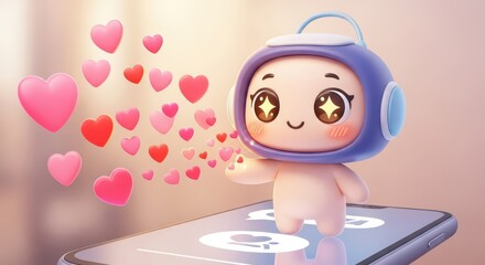 Fototapeta premium Adorable cartoon character emerges from a glowing mobile device surrounded by floating hearts
