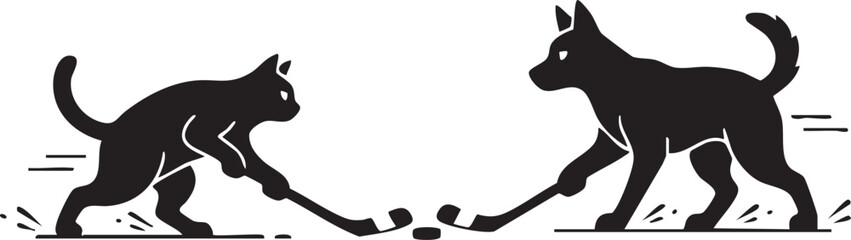 Cat vs Dog Ice Hockey Faceoff Silhouette Mascot Illustration