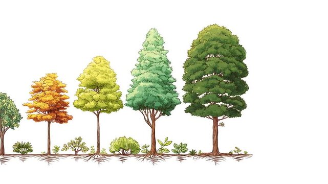 Row of varied trees in autumn-green hues along a grassy strip, with tiny shrubs and ground plants..