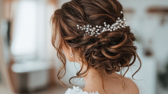 Elegant updo hairstyle featuring pearl and crystal hair accessory adorns a woman's head.