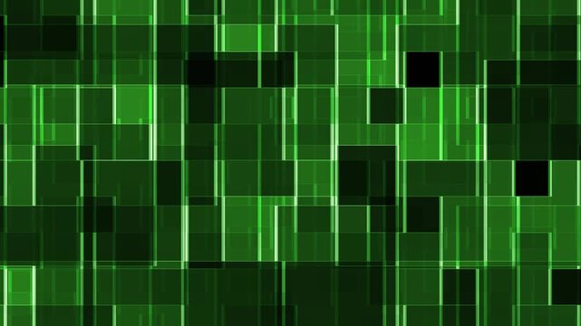 Abstract digital technology blocks in green matrix style, cyber background, data pattern, futuristic motion design.
