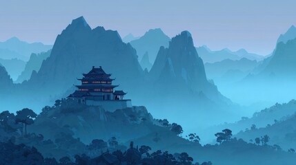 Serene Traditional Chinese Temple on Mountain with Misty Blue Landscape