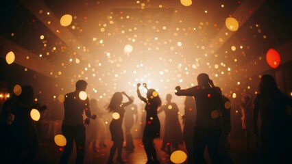 Silhouettes of people dancing joyfully under a shower of golden bokeh lights at a party.