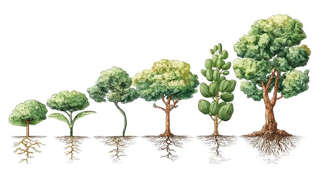 Row of progressively growing trees from sapling to mature, with exposed roots on white in soft glow