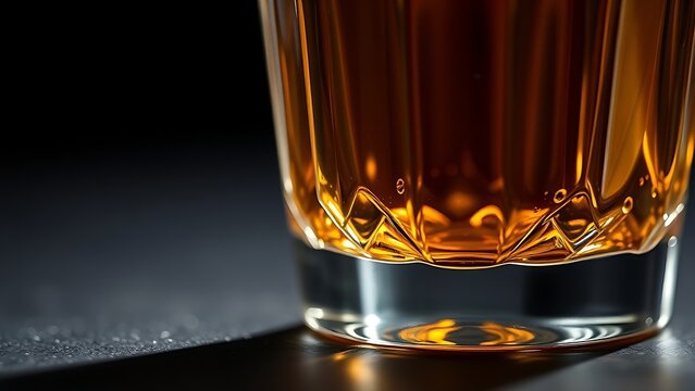schnapps. Golden schnapps liquid in a crystal glass, light refraction on a dark surface, minimalist style. bar promotions, beverage menus, designed for product packaging and bar promotions.