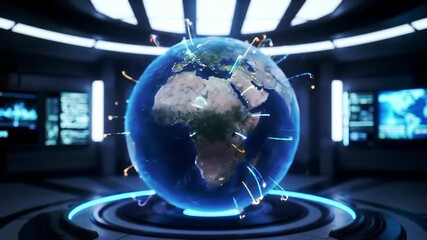 Futuristic 3D Earth globe spinning with glowing network lines in a blue high-tech server room, illustrating global connectivity and digital data transfer concepts. - Powered by Adobe