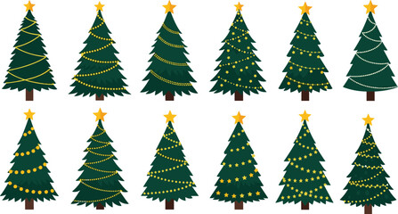 Set of decorated Christmas trees vector collection, festive holiday season elements with gold garlands, glowing lights, and a star on top for winter celebration designs.