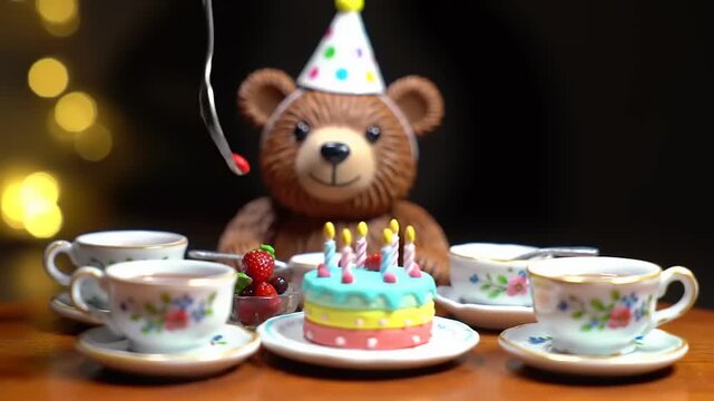 Cute Teddy Bear Celebrates Birthday with Miniature Cake and Tea Party.