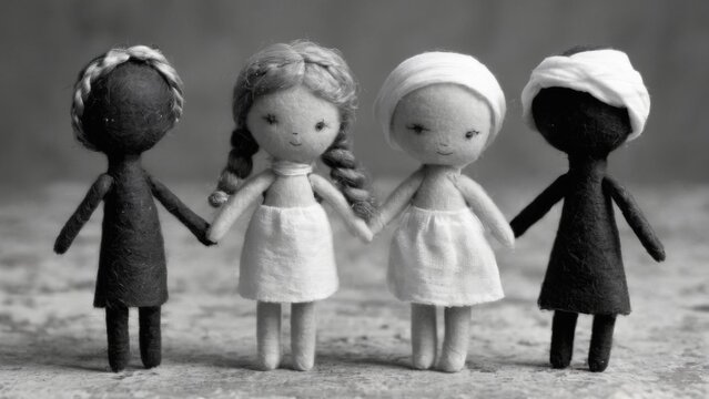 Three felt dolls in black and white, holding hands on textured surface, dressed in dresses, boy, girl, and headscarf.
