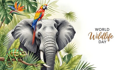 World wildlife day watercolor illustration of elephant parrot and chameleon for world wildlife day celebration