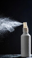 White bottle sprays liquid against a black background