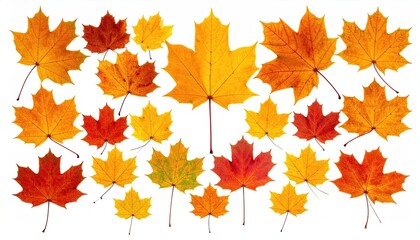 Autumnal maple leaves, vibrant colors against a white background