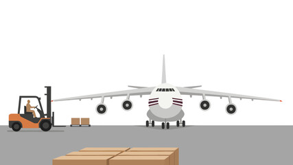 Fototapeta premium Forklift loading cargo onto an airplane at an airport with industrial equipment.