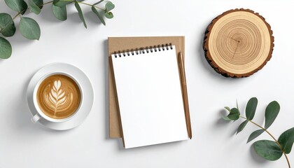 Coffee, blank notebook, and eucalyptus leaves on a white background