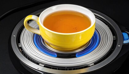 Tea in yellow mug sits on modern hot plate