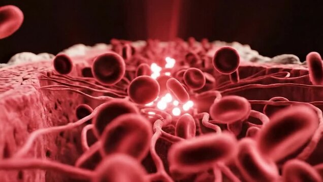 3d rendering of red blood cells flowing through a blood vessel