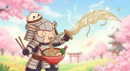 Chibi warrior in traditional armor joyfully consumes noodles while wielding a weapon made of noodles