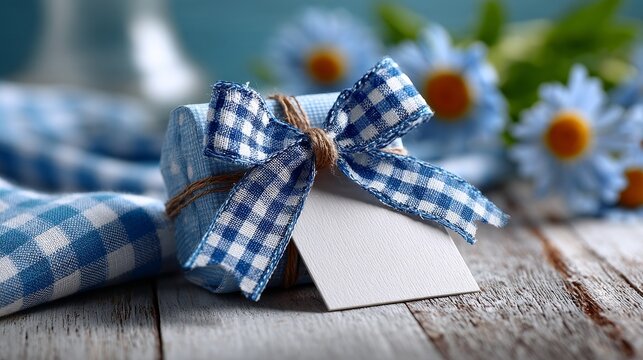 Blank square favor tag mockup with preppy blue and white gingham bow, designed for a child's birthday party, featuring soft lighting, gentle shadows, and pastel airy aesthetic for festive celebrations