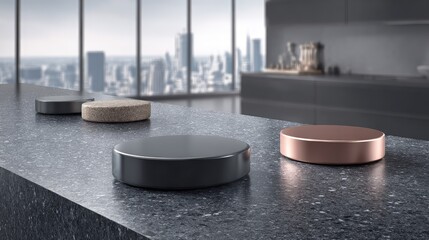 Multiple material display pedestals rest upon a modern speckled countertop overlooking a city skyline
