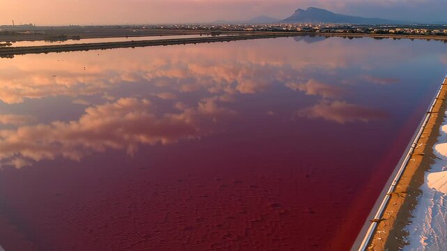 Aerial view of salt mounds in the Trapani salt pans, Sicily, Italy. The waters of the salt evaporation ponds have a characteristic red color. In foreg