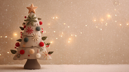 Festive handmade felt Christmas tree decoration with sparkling lights and baubles, perfect for holiday celebrations and winter cheer