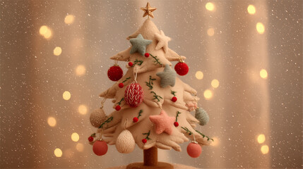 Festive handmade felt Christmas tree decoration with sparkling lights and baubles, perfect for holiday celebrations and winter cheer