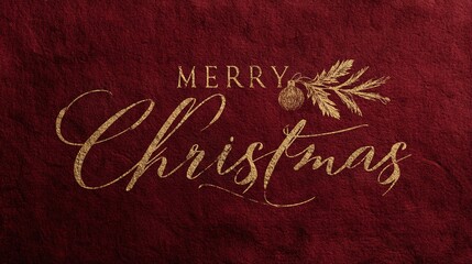 Merry Christmas greeting card with elegant gold cursive script and pine sprig ornament on deep red velvet background, traditional festive holiday concept