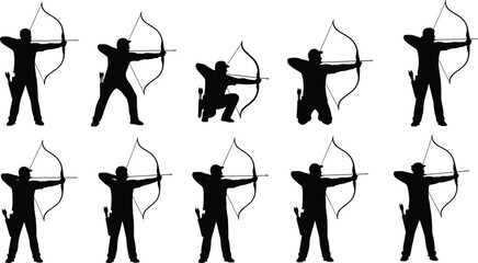 Archery shooter silhouette illustration set showing various bow-and-arrow stances, professional archer poses, traditional target shooting positions for sports training, competition, and outdoor © Masuduzzaman