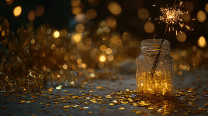 Festive Christmas and holiday decoration jar with a sparkler on golden glitter bokeh background