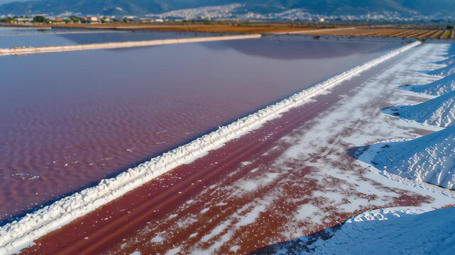 Aerial view of salt mounds in the Trapani salt pans, Sicily, Italy. The waters of the salt evaporation ponds have a characteristic red color. In foreg