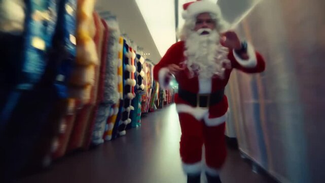 Santa Claus rushing to finish last-minute Christmas shopping before midnight. Great for time-sensitive promotions, countdowns, and holiday stress themes.