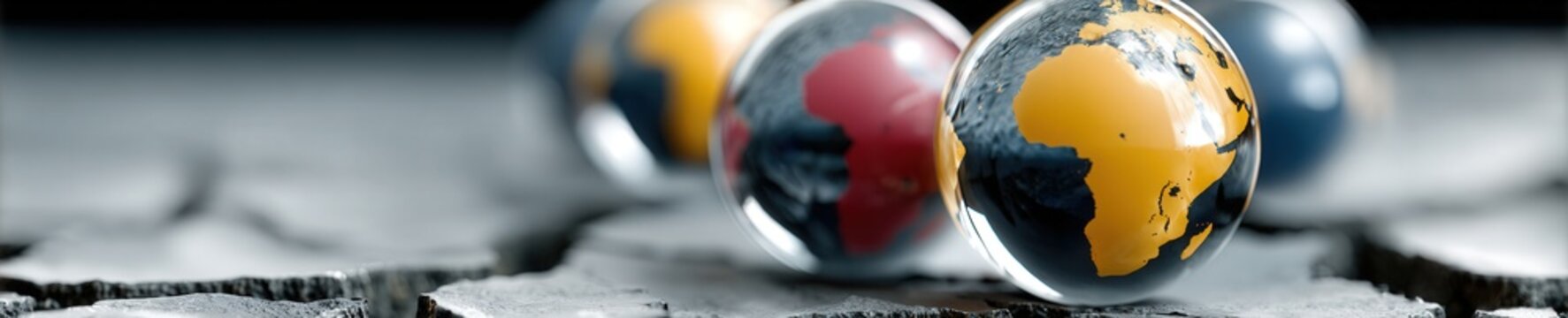 Polished spheres symbolizing multipolar world dynamics and global powers roll toward collision, capturing rising tension and close proximity on cracked ground.