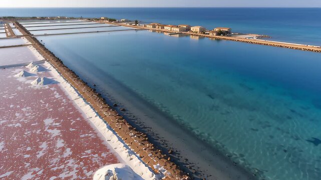 Aerial view of salt mounds in the Trapani salt pans, Sicily, Italy. The waters of the salt evaporation ponds have a characteristic red color. In foreg