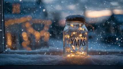 Festive Christmas and holiday decoration jar with star on a snowy surface with bokeh lights