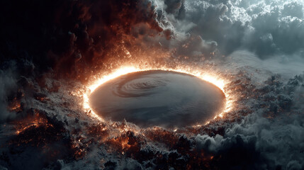 Futuristic Giant Ring Space Station Hovering Above Clouds, Covered with City Lights and Glowing Energy Core