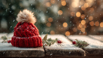 Cozy Christmas and holiday scene with a red knitted hat, holly, and snow on a rustic wooden surface with bokeh lights