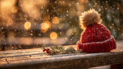 Cozy Christmas and holiday scene with a red knitted hat, holly, and snow on a rustic wooden surface with bokeh lights